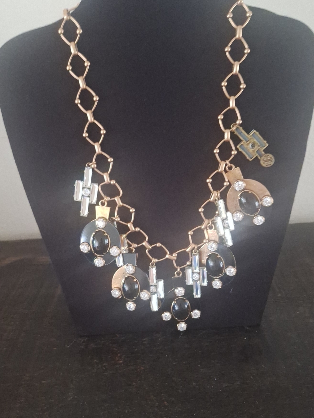 Tory Burch Gold Tone Statement Necklace with Black Cabochon and Crystal Accents
